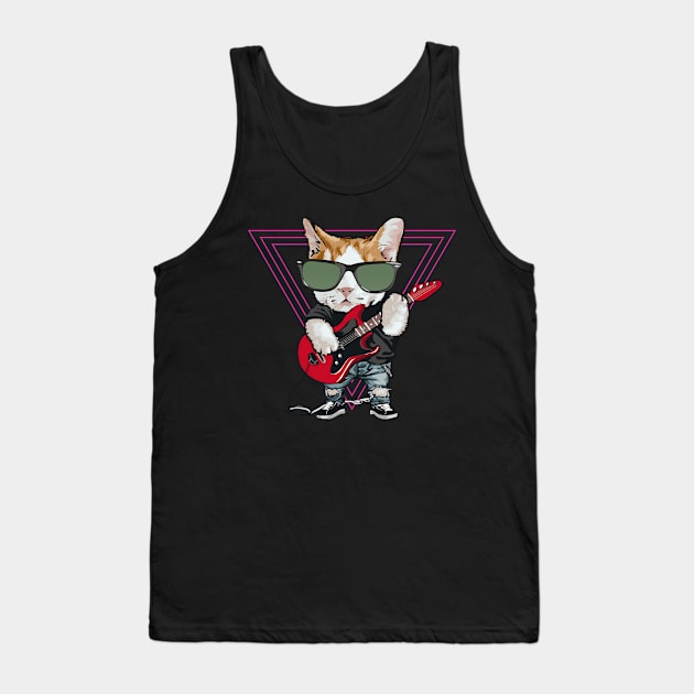 Funny Cat Playing Bass Guitar Electric Guitar Retro Vintage Tank Top by ArtedPool